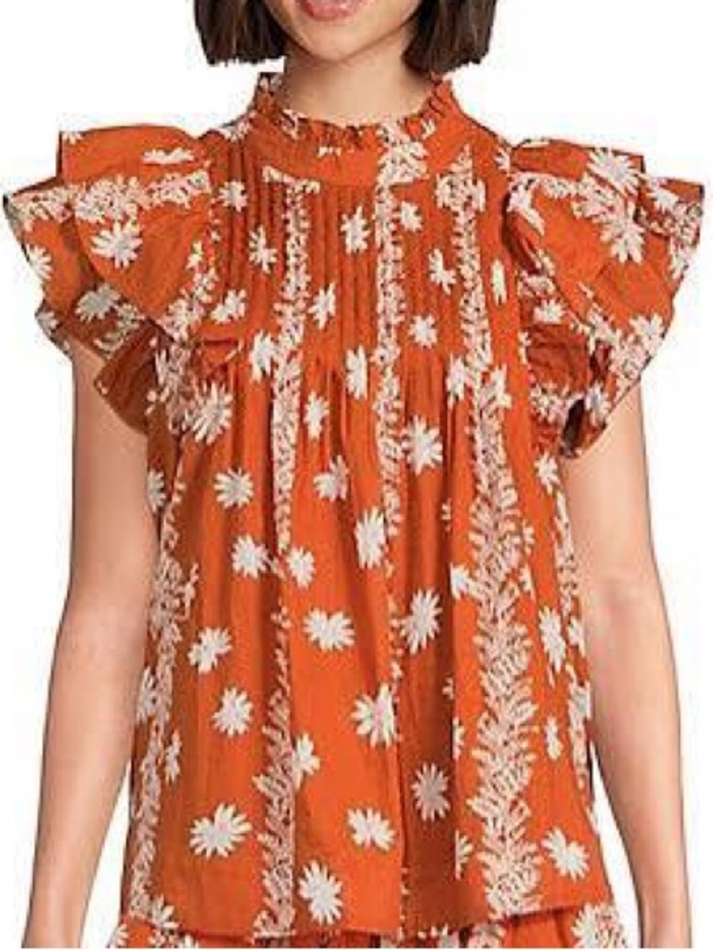 Floral Cotton Ruffle Sleeve Top in Burnt Orange